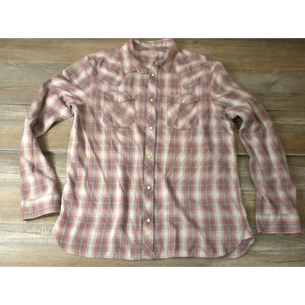 AllSaints Serape Shirt Mens XXL Pink Gray Plaid Pearl Snap Long Sleeve‎ Western